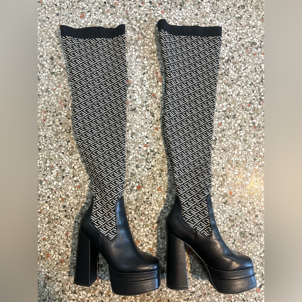 Black and Tan pattern Over the Knee Boots Chunky Platform